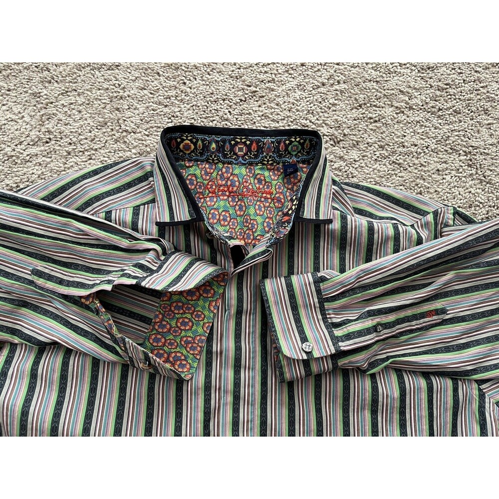ROBERT GRAHAM Multi Striped Floral Flip Cuff Hidden Button Shirt Men’s Size XXL